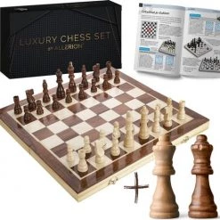 Allerion® Allerion Luxe Schaak Set - 100% Hout - 38cm X 38cm - In Opbergkoffer - Inclusief 2 Extra Dames En Instructieboekje
