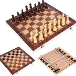 Flokoo Schaakbord Hout 3-in-1 Bord: Schaken, Dammen & Backgammon