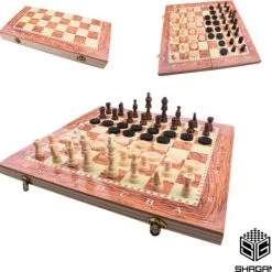 Shagam 3-in-1 Bordspel - 48 Cm - Schaakbord - Dambord - Backgammon - Schaakspel - Schaakset - Schaken - Dammen - Met Schaakstukken - Chess - Hout - Opklapbaar