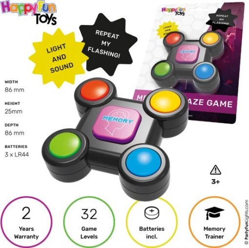 HappyFunToys - Flashing Memory Amaze Game - Geheugenspel Met Licht En Geluidseffecten - Denkspel - Reisspel - Zakspel - Inclusief 3x LR44 Batterijen -Bordspellen Verkoopwinkel 550x548 25