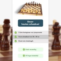 Sincer Schaakbord Met Staunton Schaakstukken 2 EXTRA Koninginnen Inclusief E-book Met Schaakregels - Houten Handgemaakte Schaakset/Schaakspel Voor Volwassenen GROOT FORMAAT Van 38x38cm -Bordspellen Verkoopwinkel 550x550 435