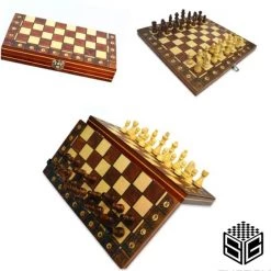 Shagam 3-in-1 Bordspel - 24 Cm - Magnetisch - Schaakbord - Dambord - Backgammon - Schaakspel - Schaakset - Schaken - Dammen - Met Schaakstukken - Chess - Hout - Opklapbaar