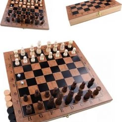 Merkloos Schaakbord | Dambord | Backgammon | 29 X 29 Cm | Schaakspel | Schaakset | Schaken | Dammen | Met Schaakstukken | 3-in-1 Bordspel | Chess | Hout | Opklapbaar